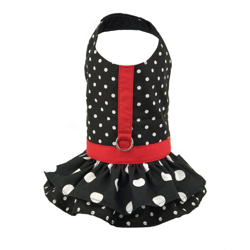 Black Polka Dot Ruffled Dog Vest Harness - SpoiledDogDesigns.com