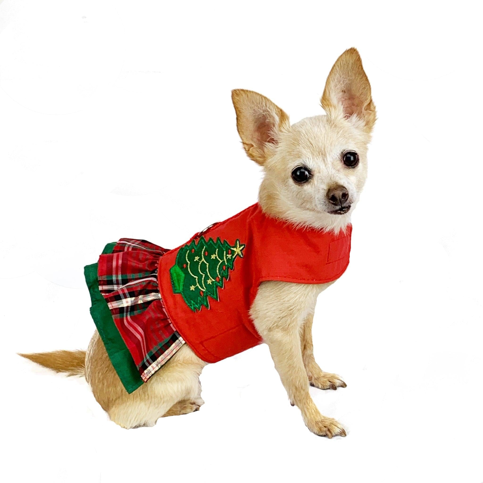 small dog christmas dresses Christmas Tree Plaid Ruffled Dog Vest Harness – SpoiledDogDesigns.com