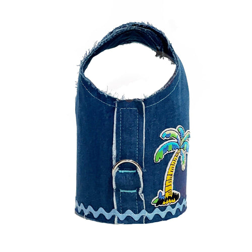 Frayed Denim Blue Palm Tree Dog Vest Harness - SpoiledDogDesigns.com