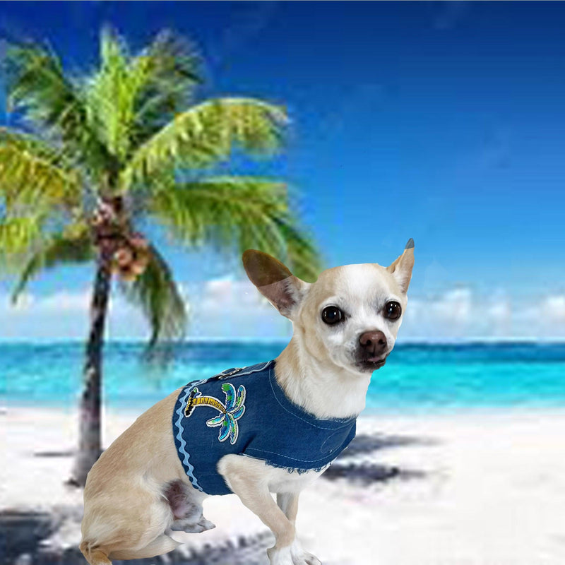 Frayed Denim Blue Palm Tree Dog Vest Harness - SpoiledDogDesigns.com