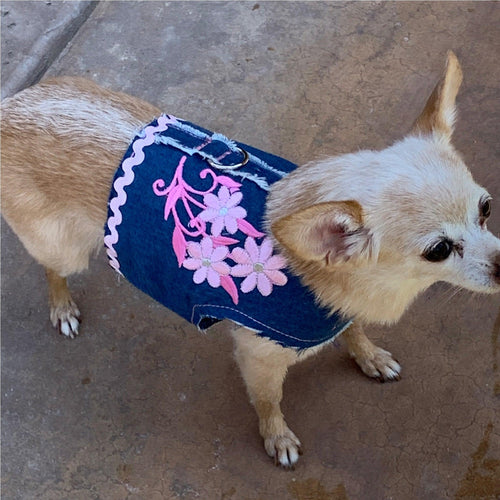 Frayed Denim Pink Applique Dog Vest Harness - SpoiledDogDesigns.com