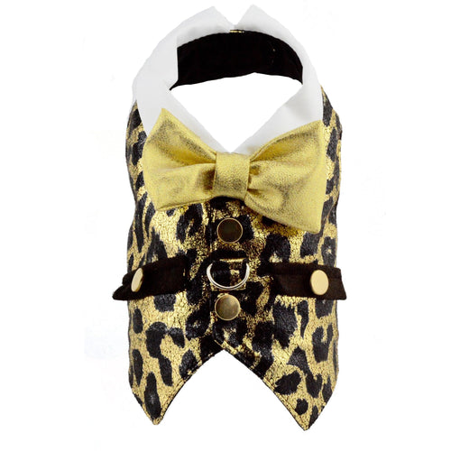Gold and Brown Metallic Animal Print Dog Vest With Built In Harness - SpoiledDogDesigns.com
