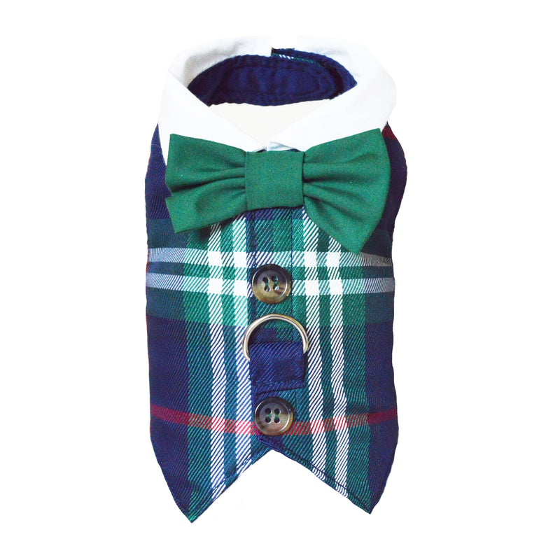Navy and Green Plaid Dog Cat Vest With Built In Harness - SpoiledDogDesigns.com